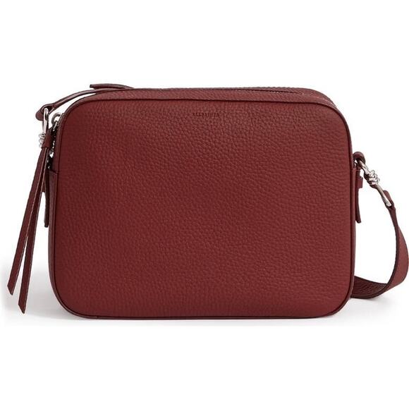 AllSaints Captain Lea Oxblood Burgundy Pebbled Leather Square Crossbody Bag - Picture 1 of 10